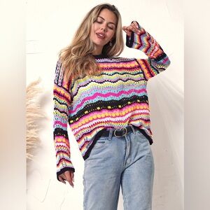 Anna Kaci Cut Out Knitted Boho Sweater Colorful Striped Knit Sweater
